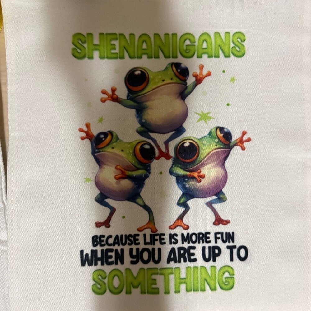NEW - ADORABLE Tote w/Frogs and words that say "Shenanigans, Because Life"